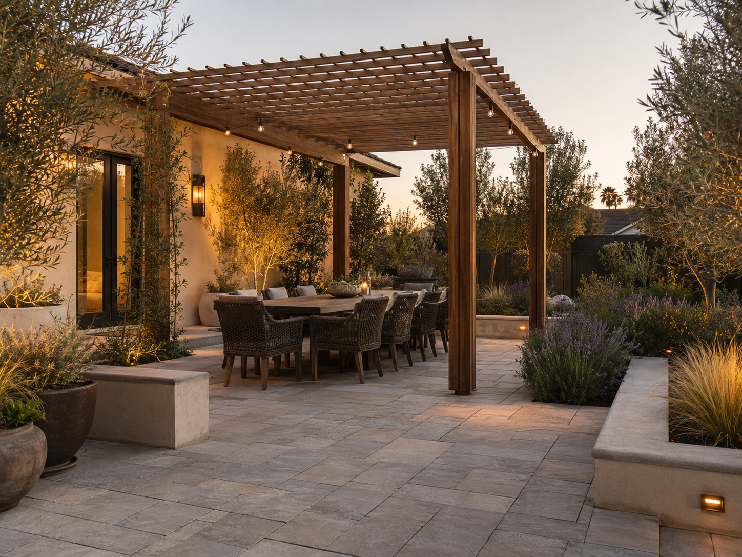 Elegant backyard paver dining terrace with a pergola and warm evening light