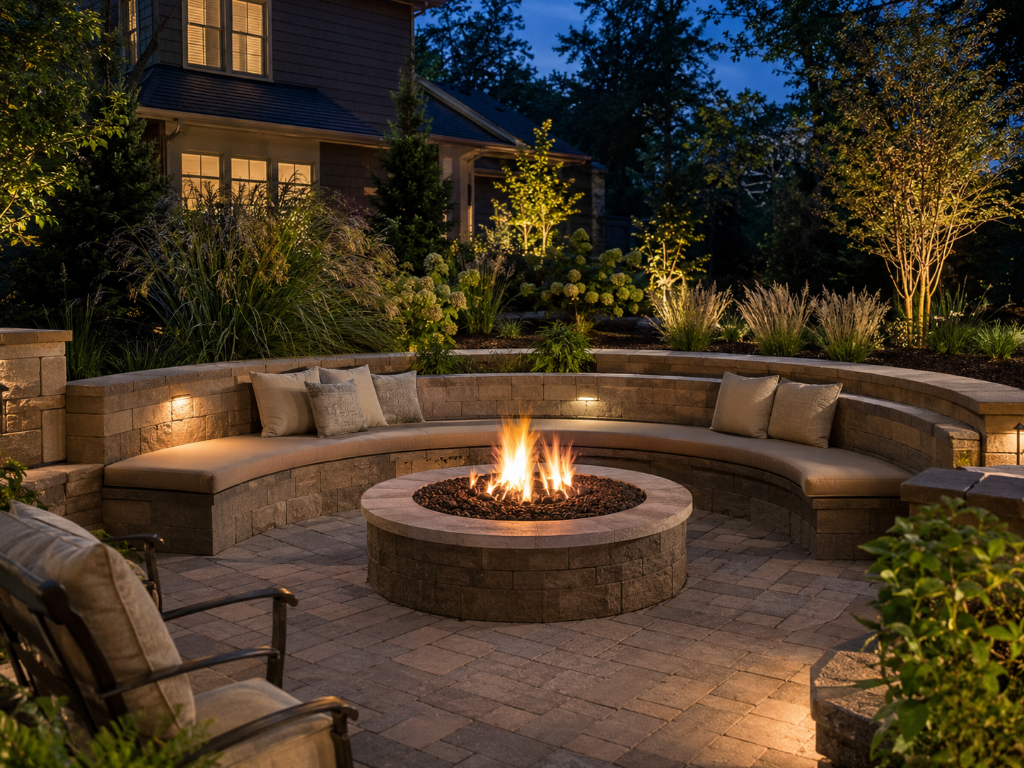 Backyard paver fire-pit lounge with curved seating and landscaped surroundings