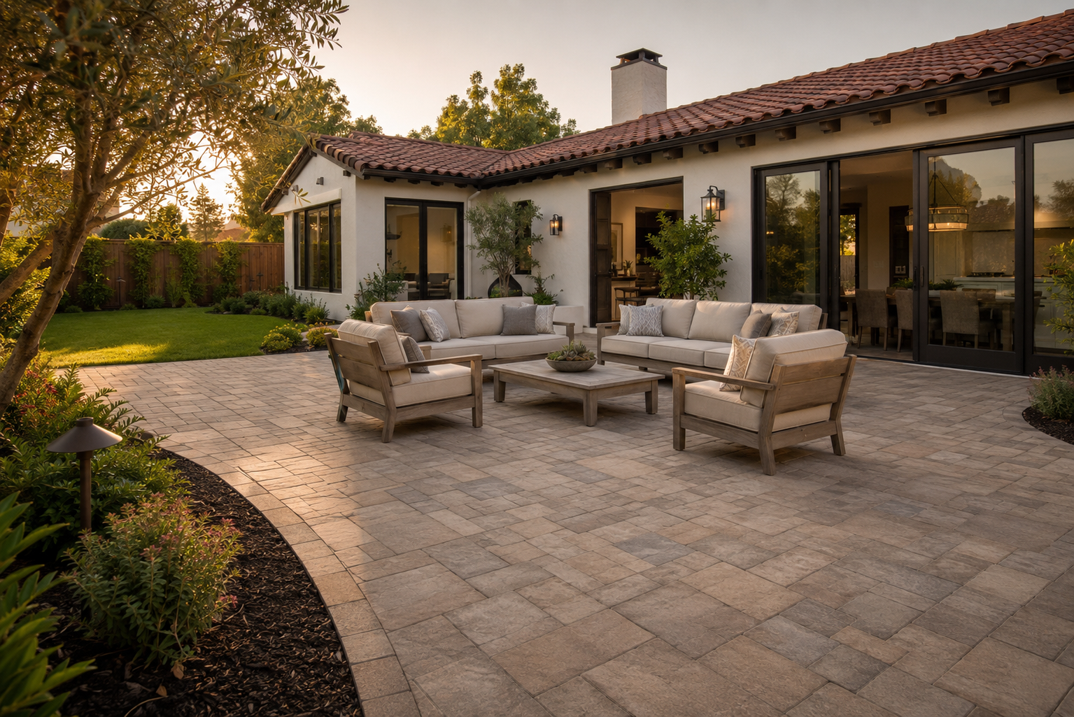 Finished backyard paver patio with seating and landscaping