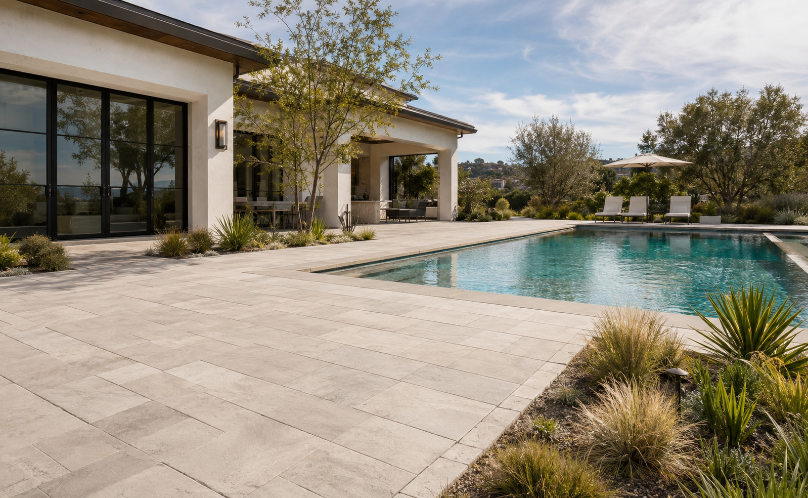 Finished light-stone paver pool deck